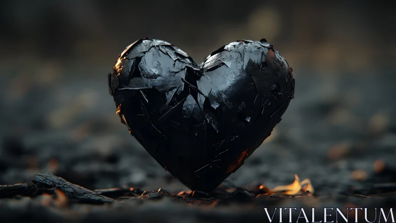 Charred obsidian heart leans quietly above cooling embers