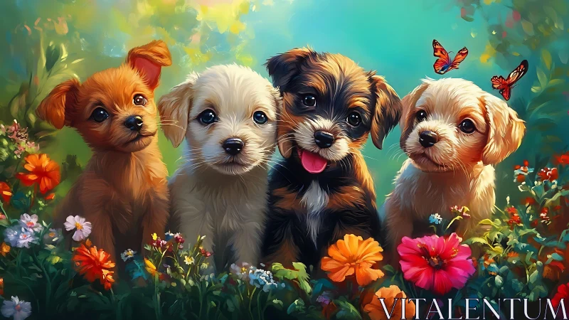 Digital painting of four puppies in colorful flower garden.