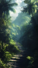 Jungle Canyon with Sunlit Path Through Dense Vegetation.