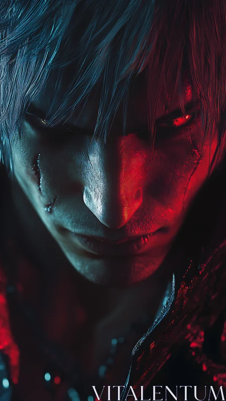 Storm-eyed antihero in electric red and blue shadows.