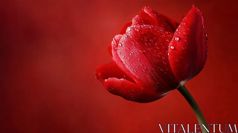 Red Tulip with Dewdrops Against Monochromatic Crimson Background