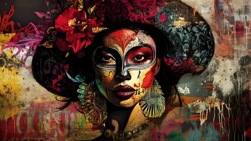 Paint-splashed mask queen in riotous festival portrait.