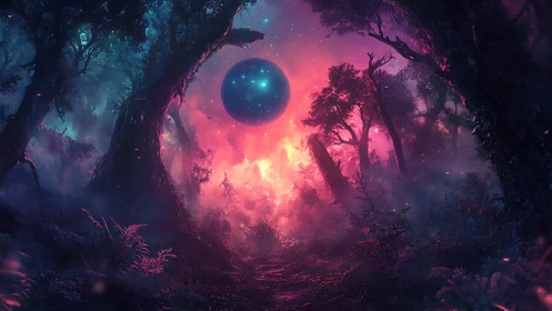Neon astral forest under glowing cosmic sphere portal.