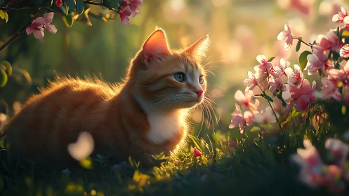 Orange Cat Among Spring Blossoms in Golden Sunlight.