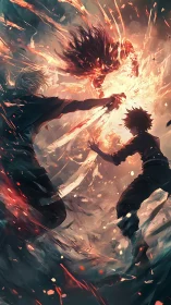 Two anime warriors unleash blazing power in a fiery clash
