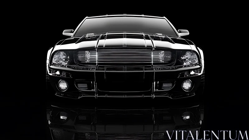 Front view black muscle car rendered with glossy reflections