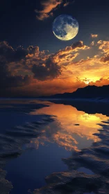 Moonlit ocean horizon reflects blazing orange sunset sky