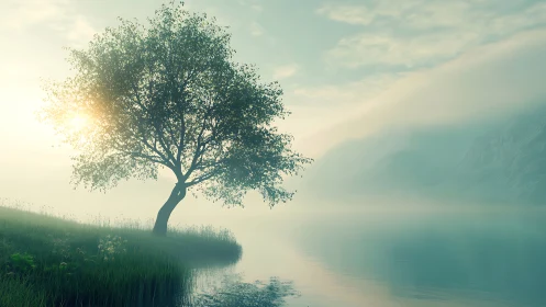 Solitary deciduous tree beside calm misted lakeshore at dawn.