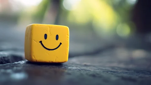 Yellow cube with smiley face sits on textured outdoor surface