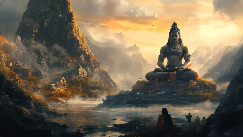 Colossal meditative deity overseeing mist laden mountain citadel.