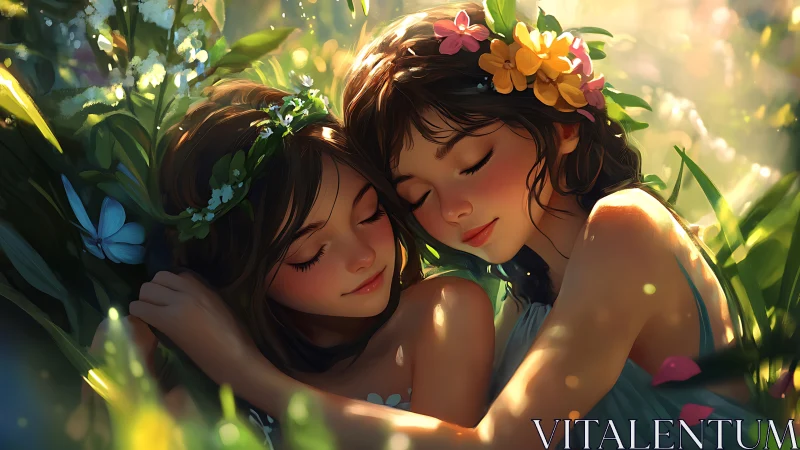 Two girls rest closely together in sunlit wildflowers