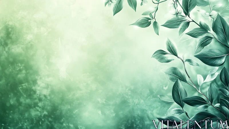 Botanical foliage rendered against soft teal atmospheric gradient