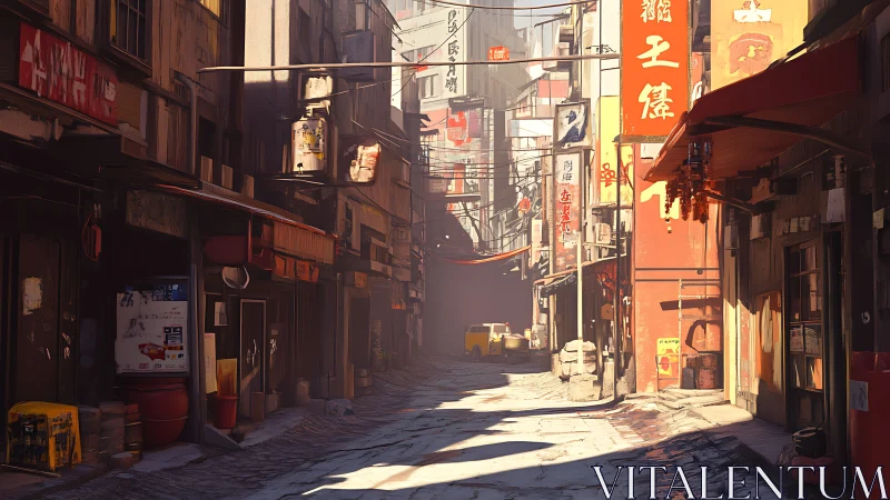 Narrow urban alley with faded shops and warm light.