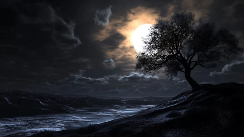 Lone shoreline tree silhouettes under expansive full moon