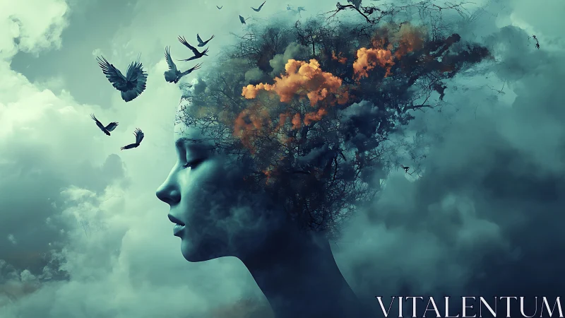 Human profile silhouette merging with clouds and branches.