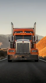 Powerful orange semi truck dominates a desert highway at dusk
