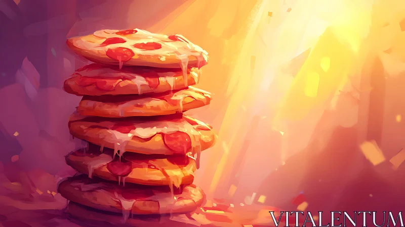 Sunlit stack of melty pepperoni pizzas in soft pastels.