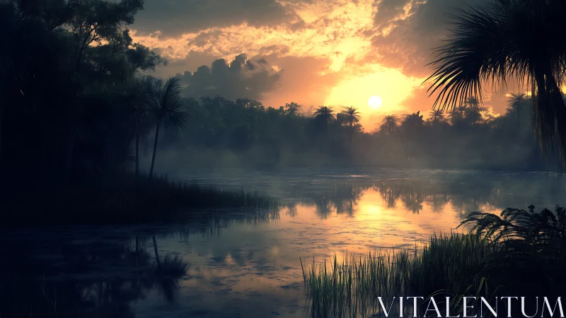 Sunset over calm tropical river with silhouetted palms.
