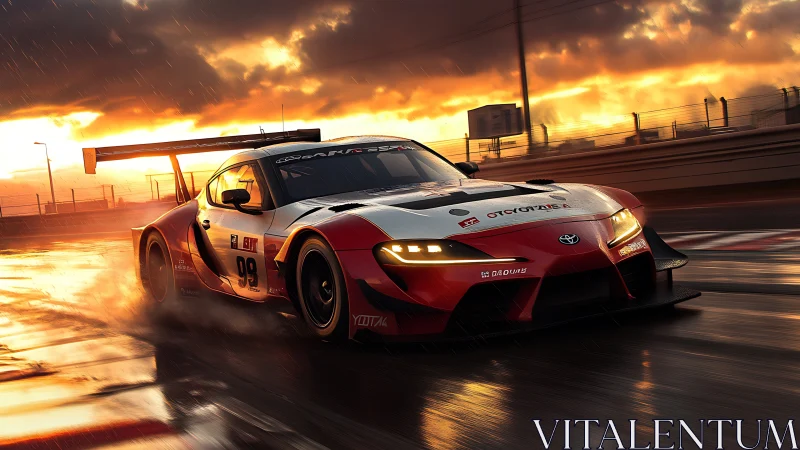 Photorealistic GT race car on wet circuit at dramatic sunset.