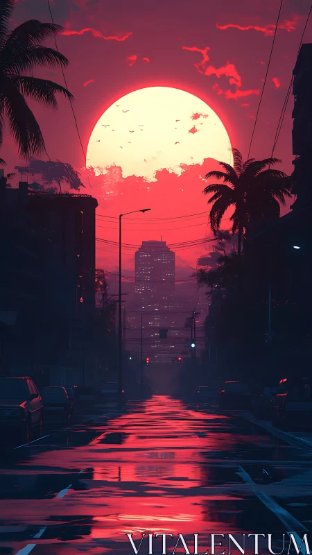 Neon dusk boulevard under oversized crimson sun reflection.