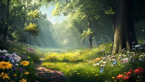Enchanted Forest Glade with Wildflowers.