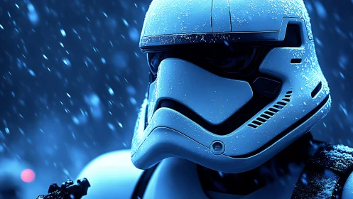 Helmeted armored figure stands in snowfall under blue light