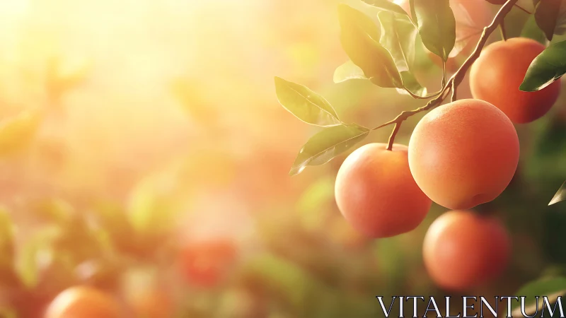Backlit orchard peaches with shallow depth-of-field rendering.
