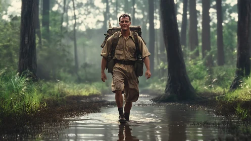 Lone hiker strides through misty forest wetlands at dawn
