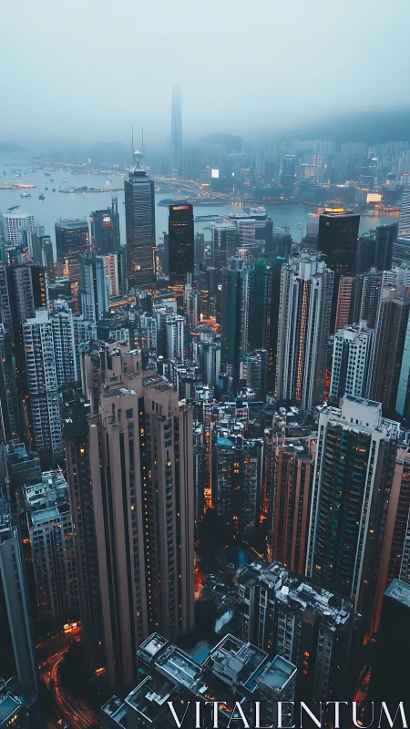 High-rise canyons glow while fog quietly swallows the harbor