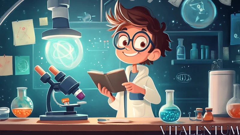 Curious kid scientist reading in a glowing night lab scene.