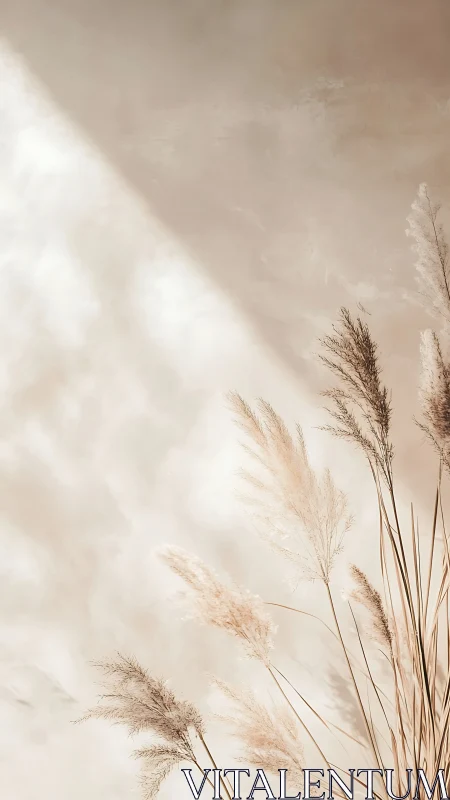 Dried pampas grass stems stand against soft beige background