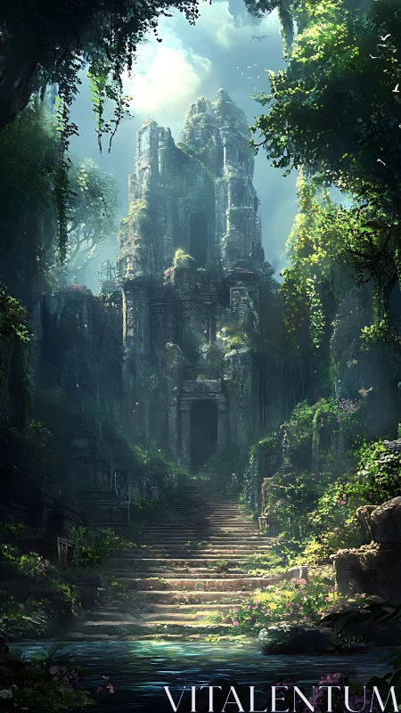 Digital painting of overgrown temple ascent in misted jungle.