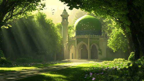 Sunlit emerald shrine quietly dreams within the forest