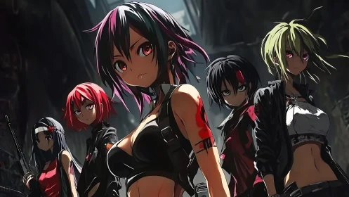 Defiant anime strike squad in noir alley with crimson accents.