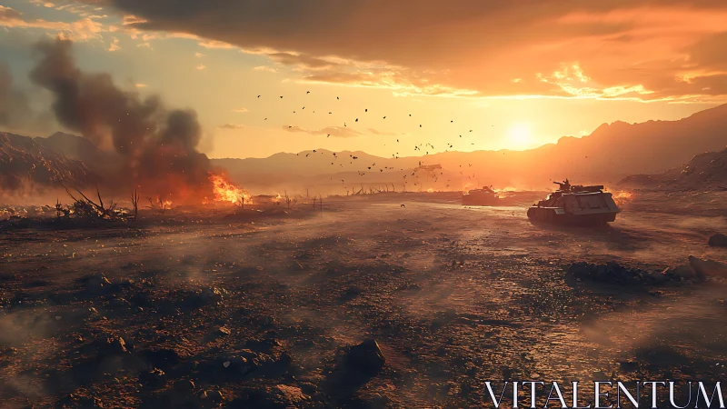 Armored vehicles in burning desert battlefield at sunset.