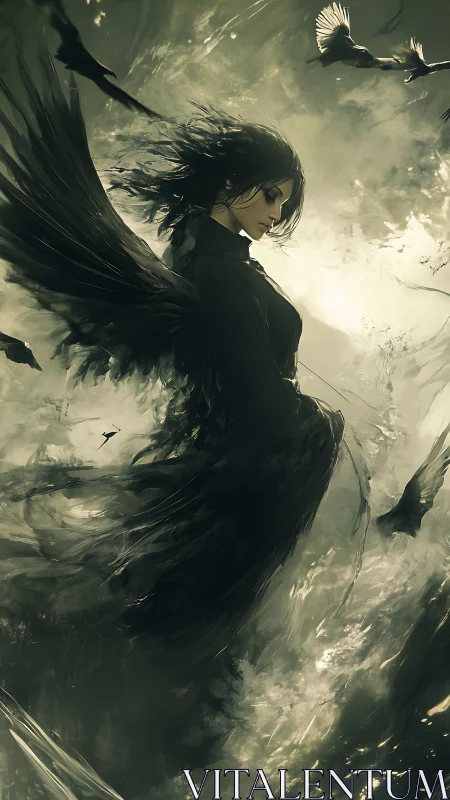 Stormlit raven angel drifts between twilight and abyss