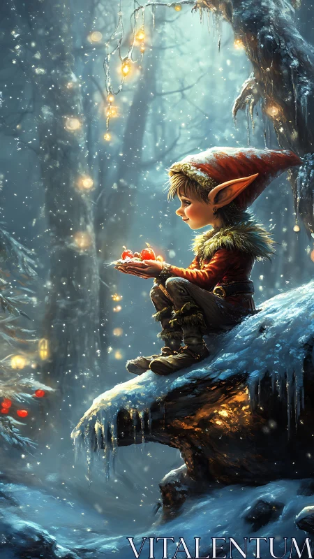 Elf figure sits on snowy ledge holding glowing red objects