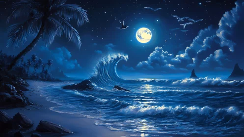 Moonlit Tide Dance Along A Dreamy Tropical Shoreline.