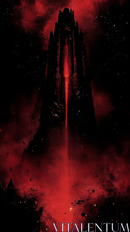 Tower of crimson shadow pierces a burning cosmic sky.