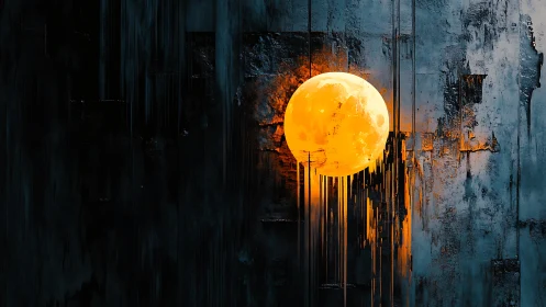 Glowing orange moon against dark abstract textured wall.