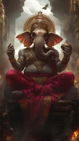 Majestic elephant-headed deity levitates above burning temple