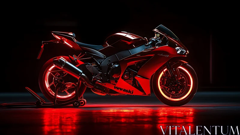 Red sport motorcycle on stand with neon rim lighting.