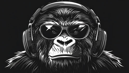 Monochrome gorilla portrait with headphones and sunglasses.
