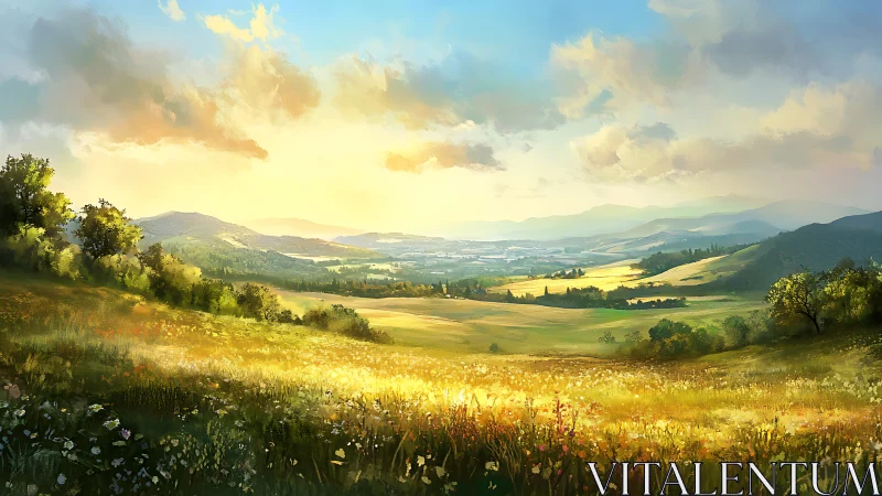 Golden-hour valley landscape renders atmospheric depth and light
