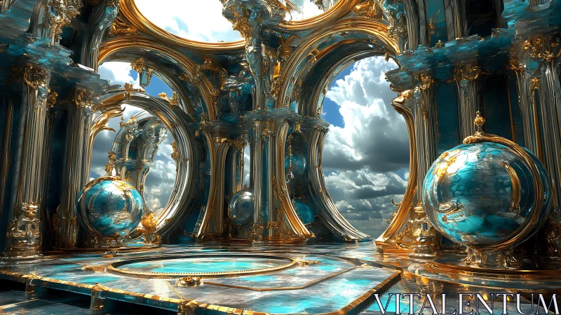 Rendered vaulted hall integrates gold, glass and sky views