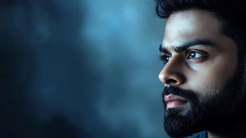 Close-up portrait of bearded man in cool blue light.