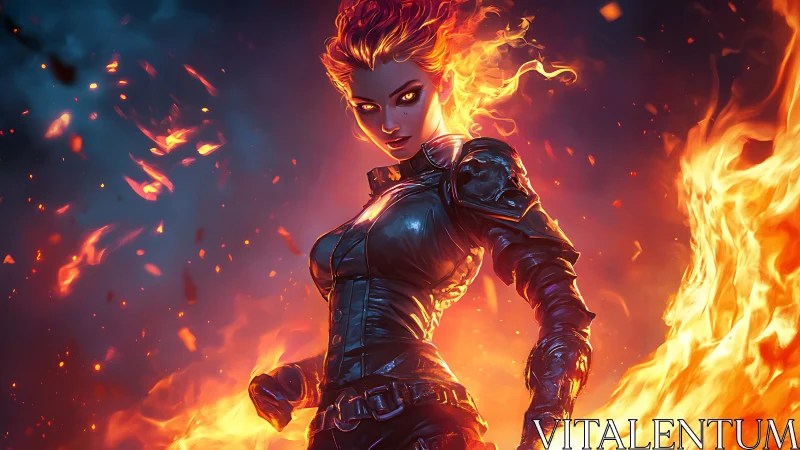 Fiery armored sorceress commands swirling inferno flames.
