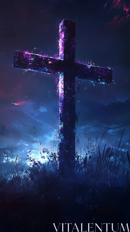 Neo-noir crucifix under bioluminescent storm sky digital painting.