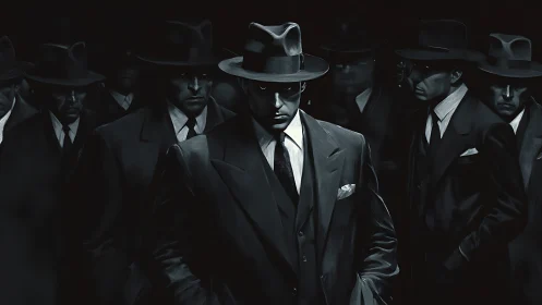 Group of suited men in fedoras stand in dark low key lighting