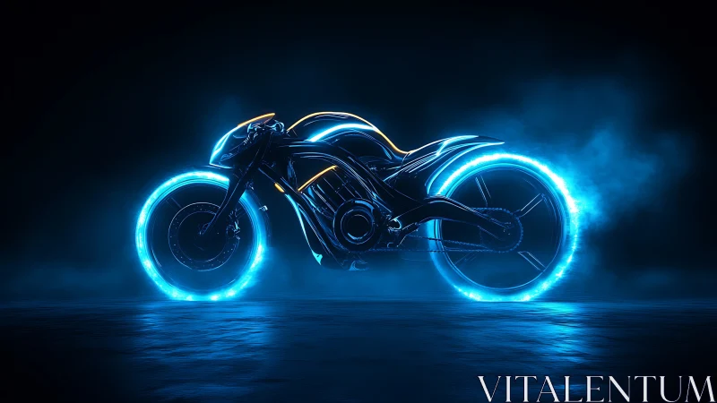 Futuristic neon motorcycle glows in an electric blue haze.